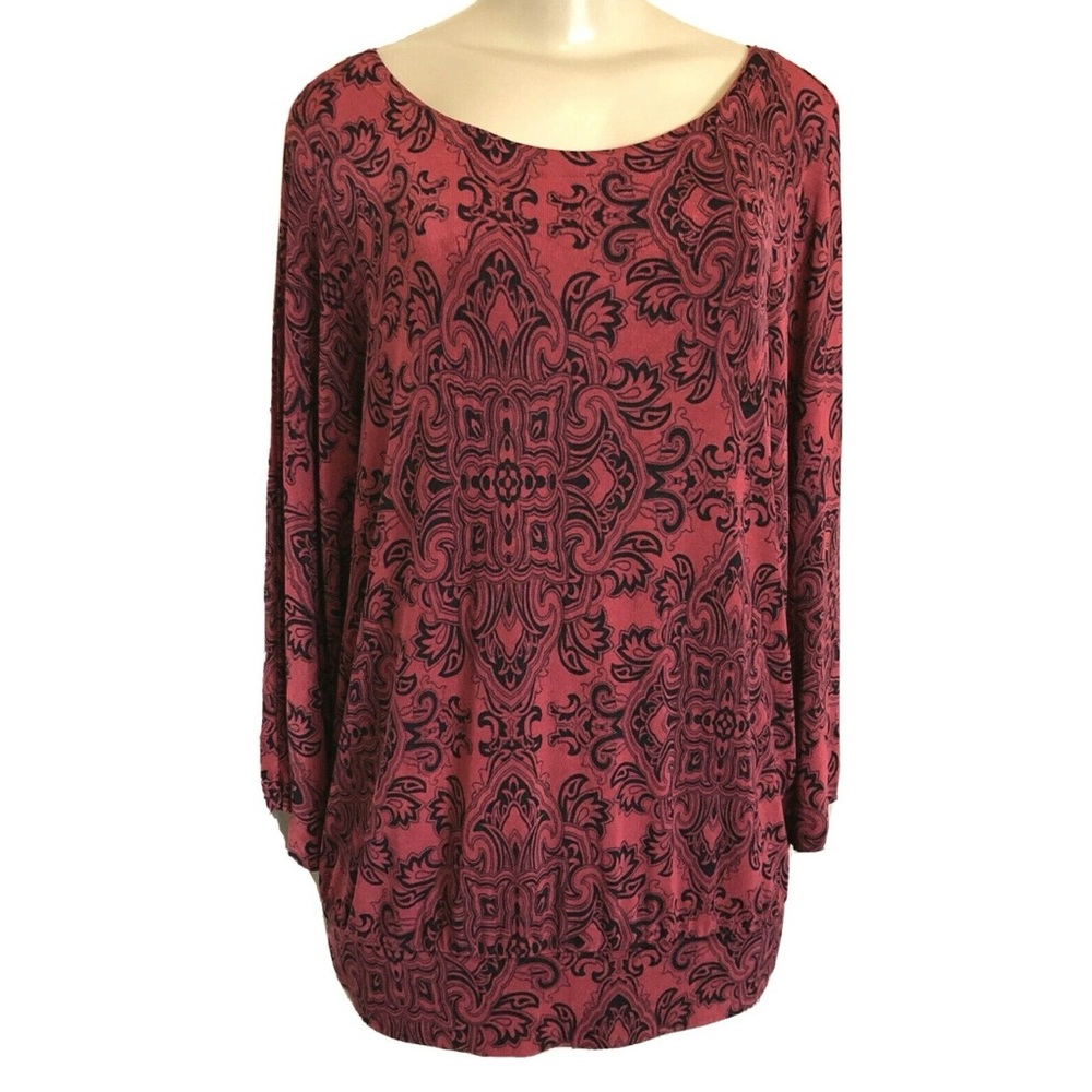 Chicos Travelers Size 2 Top Tunic Banded Hem Red Black